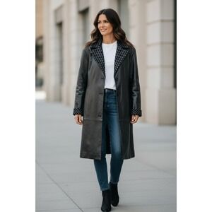 Tibor Leathers Vintage Black Leather Car Coat Woven Checkerboard Trim L/XL